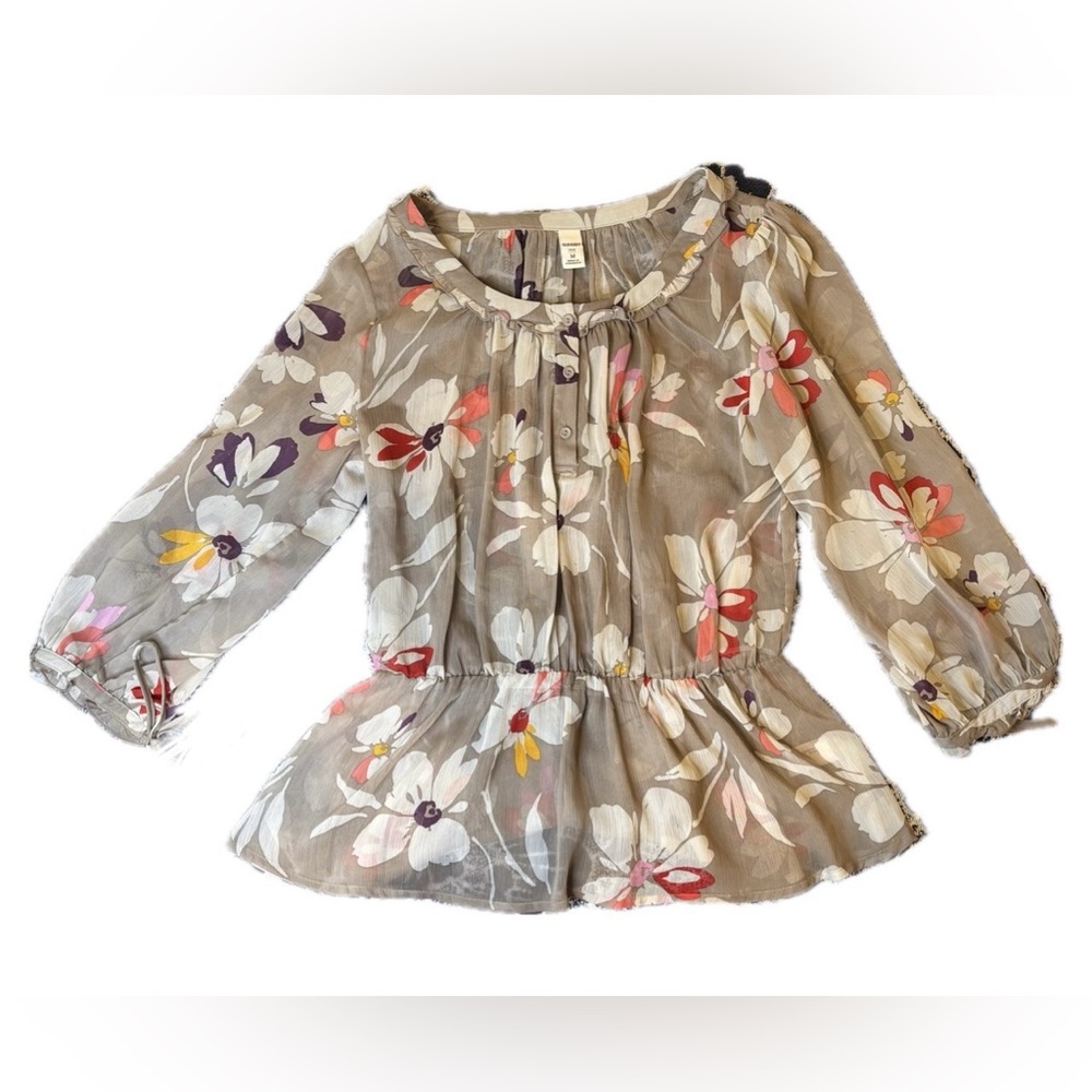OLD NAVY Women’s Beige Floral Sheer Chiffon Tie Sleeve Peasant Top - Size Med